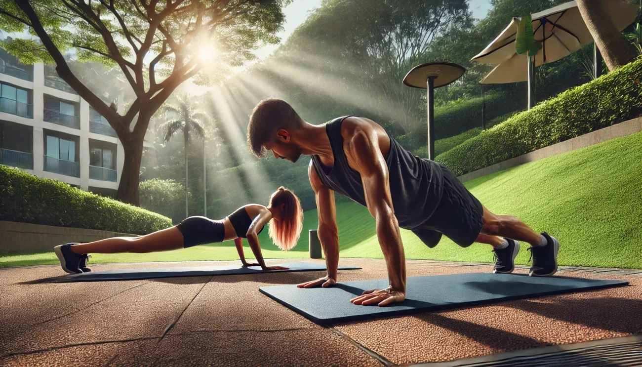 Deux personnes effectuant des pompes dans un parc ensoleillé. Un homme réalise une pompe classique tandis qu'une femme exécute une variante adaptée. L'arrière-plan montre une végétation luxuriante avec des rayons de soleil traversant les arbres, créant une atmosphère motivante et naturelle.